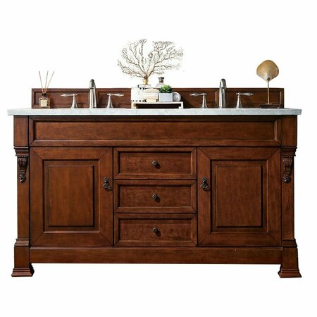 JAMES MARTIN VANITIES Brookfield 60in Double Vanity, Warm Cherry w/ 3 CM Arctic Fall Solid Surface Top 147-114-5681-3AF